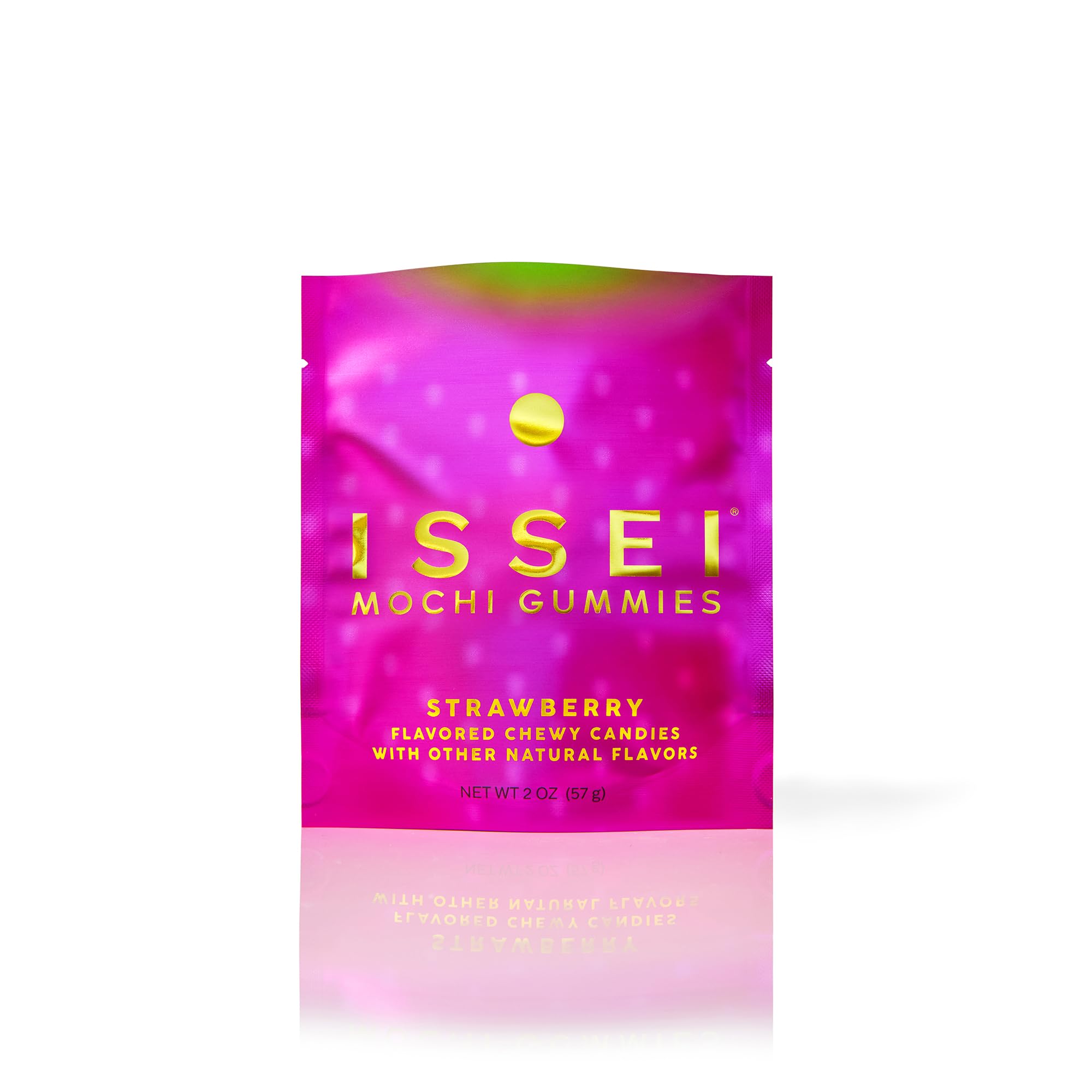 Issei Strawberry Mochi Gummies close-up texture, pillowy chewiness.