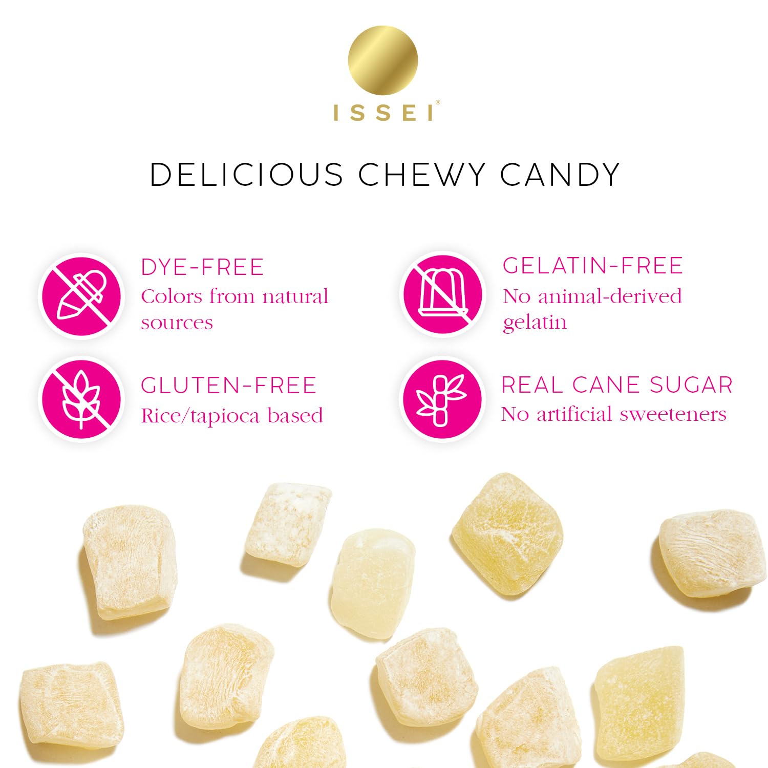 Issei Strawberry Mochi Gummies dye-free colors, natural sources highlighted.