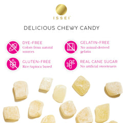 Issei Strawberry Mochi Gummies dye-free colors, natural sources highlighted.