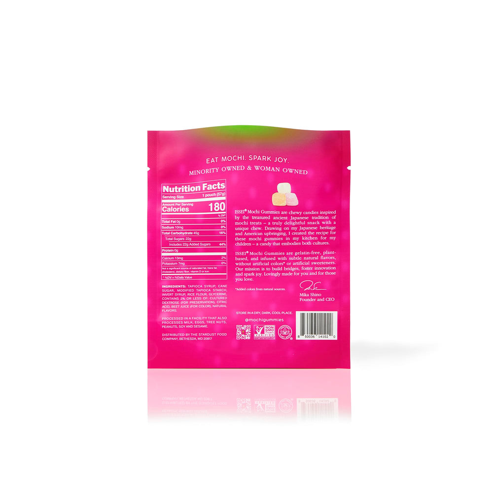 Issei Strawberry Mochi Gummies ingredient panel visible, natural colors from sources.