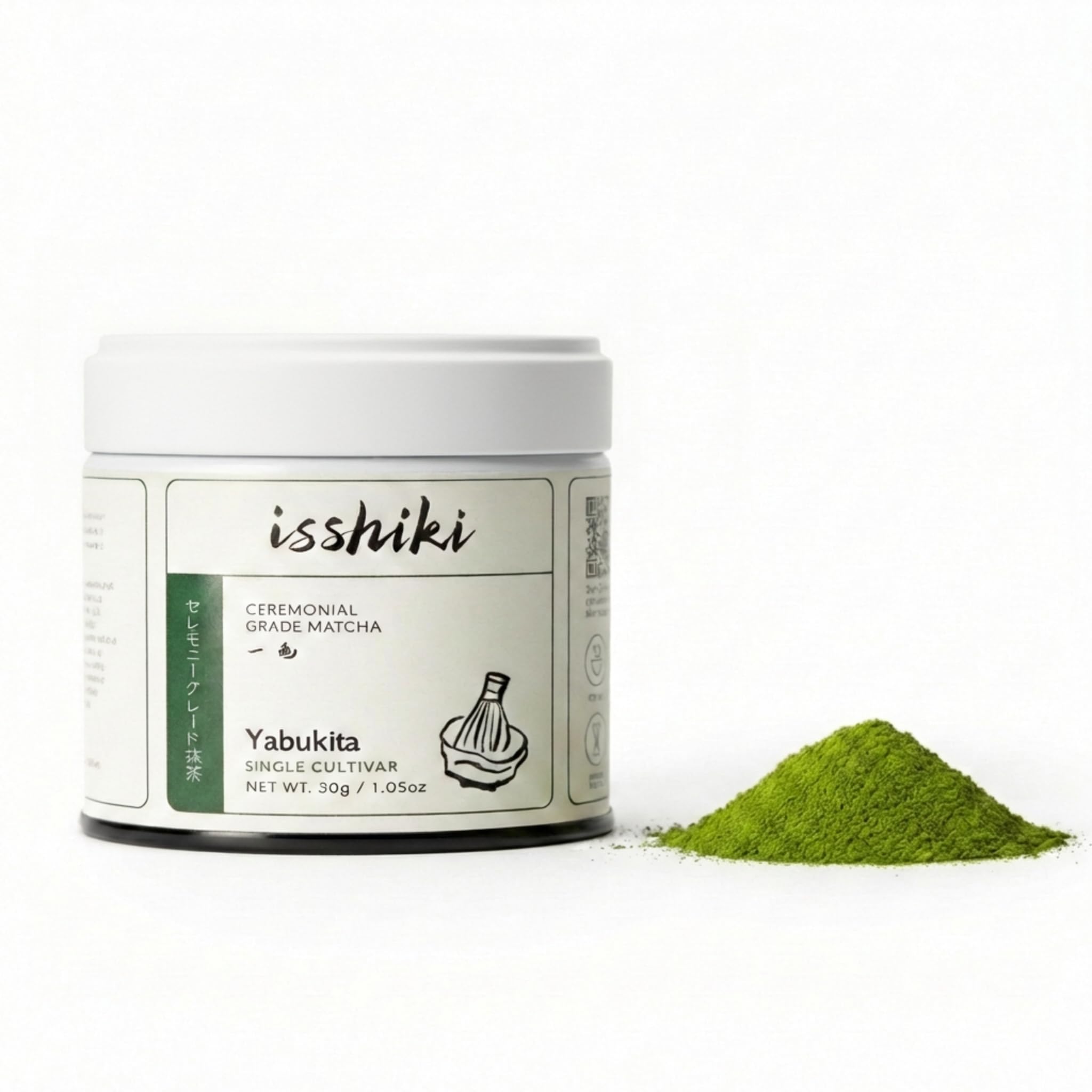 Isshiki Matcha ceremonial-grade tin on display for daily rituals.