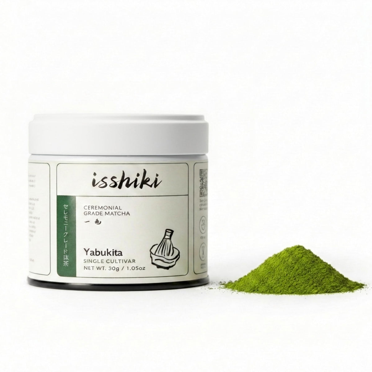 Isshiki Matcha ceremonial-grade tin on display for daily rituals.
