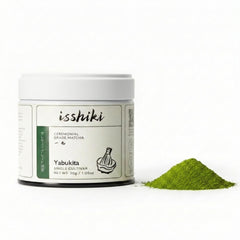 Isshiki Matcha ceremonial-grade tin on display for daily rituals.