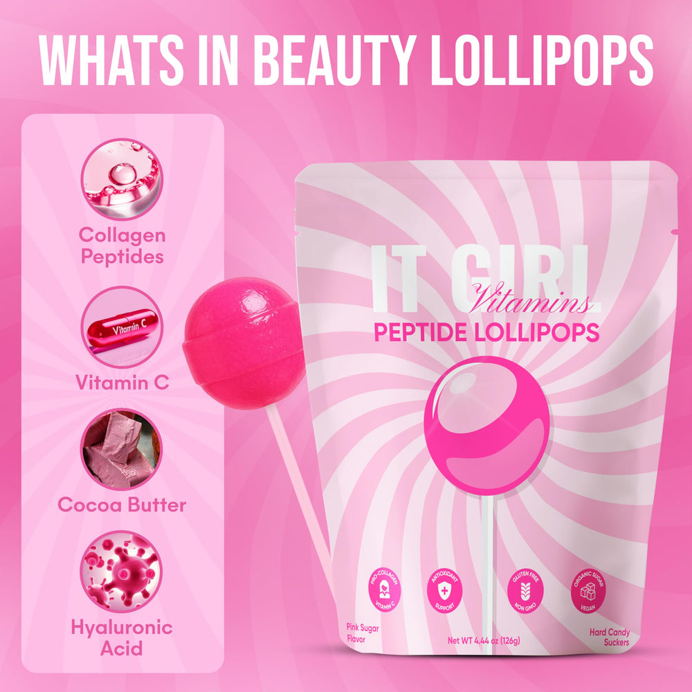 It Girl Vitamins collagen lollipop flavor closeup evokes pink sugar sweetness