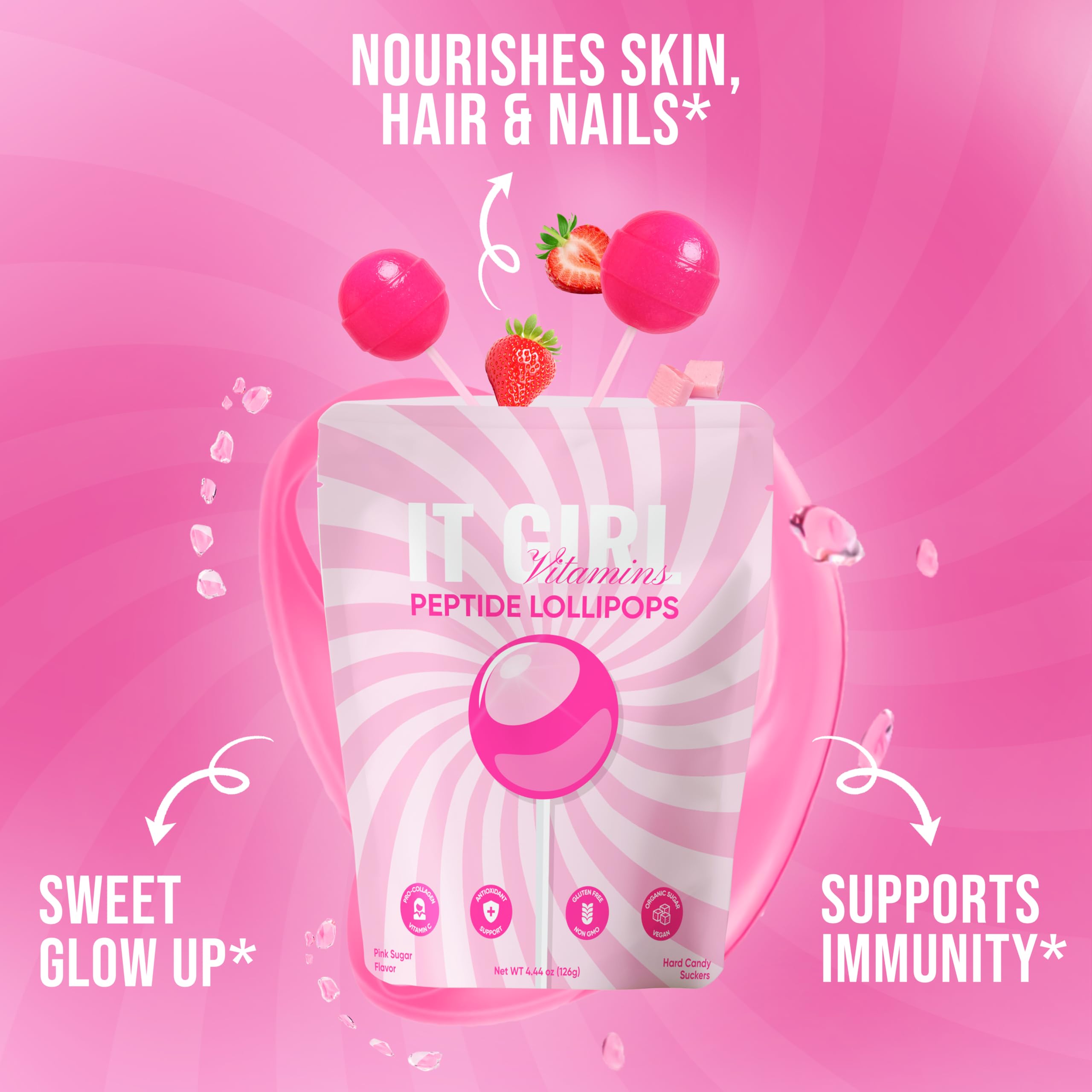 It Girl Vitamins collagen lollipop ingredient label emphasizes clean plant-based formula