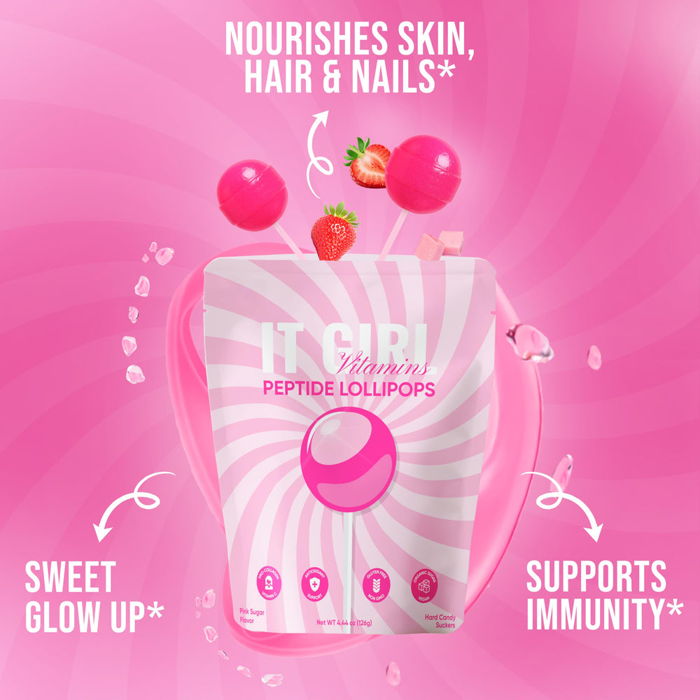 It Girl Vitamins collagen lollipop ingredient label emphasizes clean plant-based formula