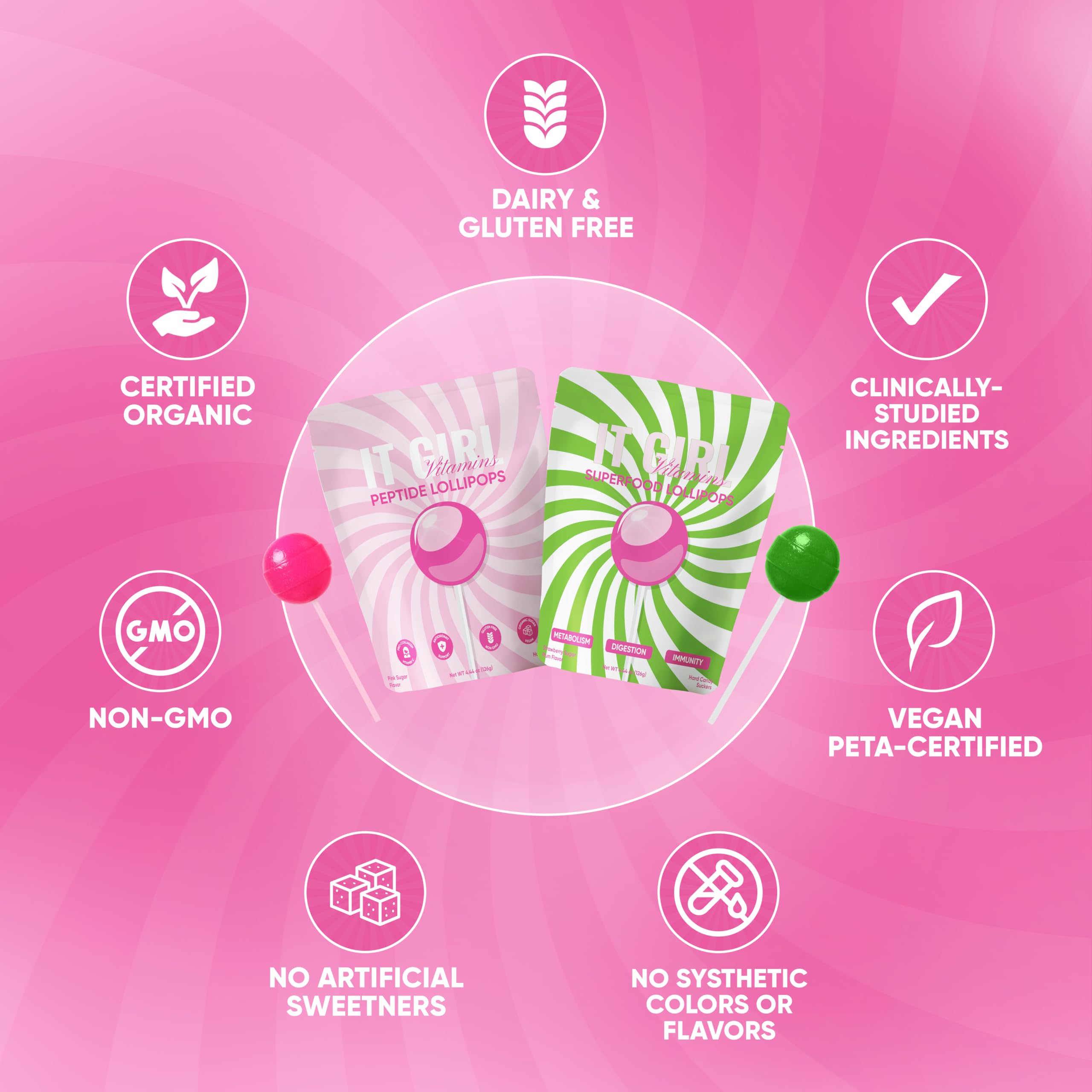 It Girl Vitamins collagen lollipop ingredients card highlights vegan allergen-free benefits