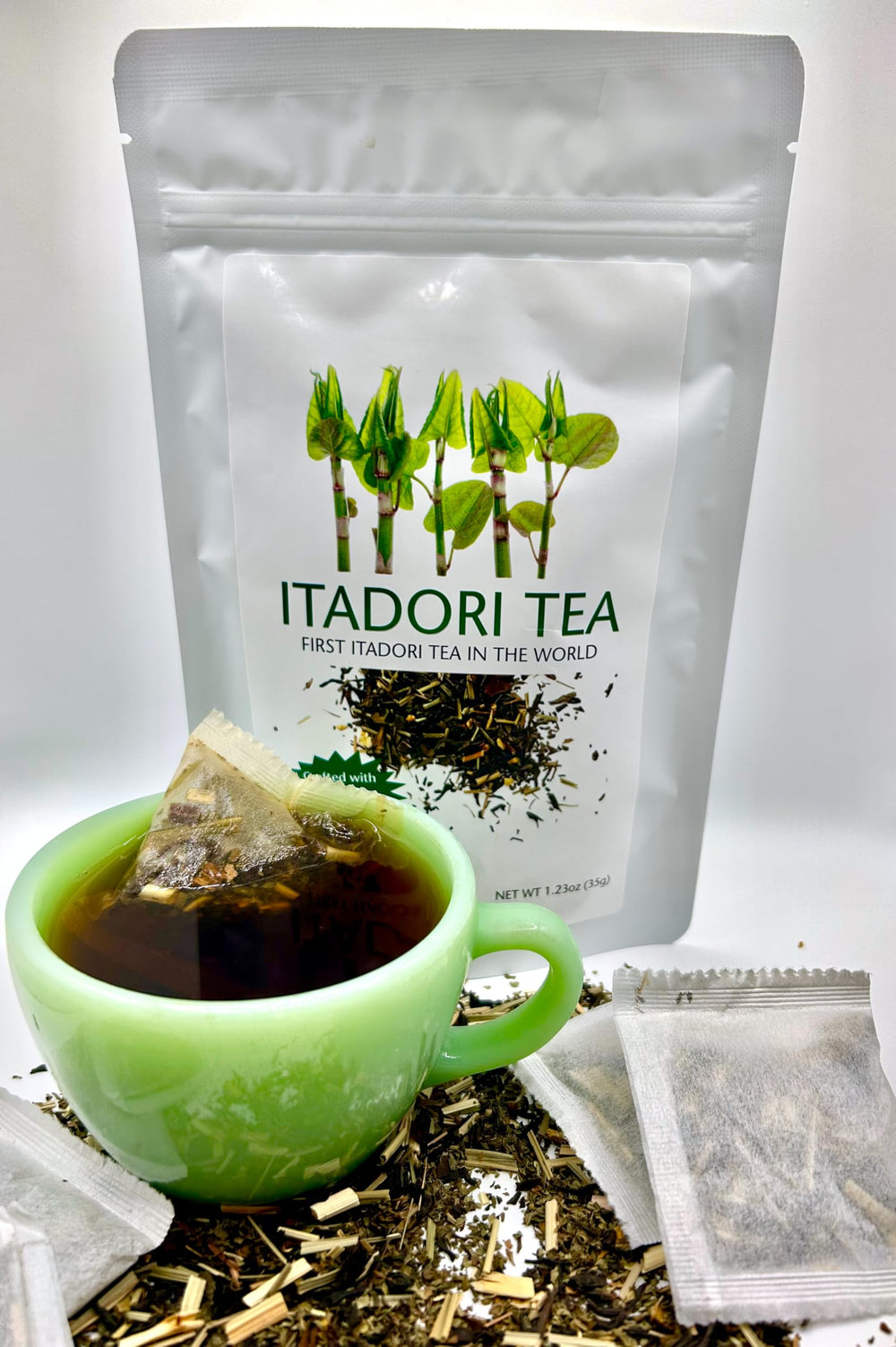 Itadori Tea biodegradable tea bags shown with eco-friendly packaging