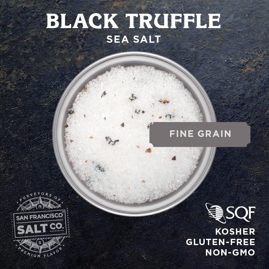 Close-up of Italian Black Truffle Salt showing flaky grains ready to finish dishes.
