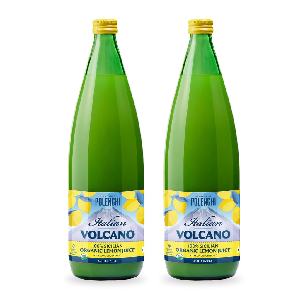 Italian Volcano Lemon Juice bottle front view, pure Sicilian juice for cooking.