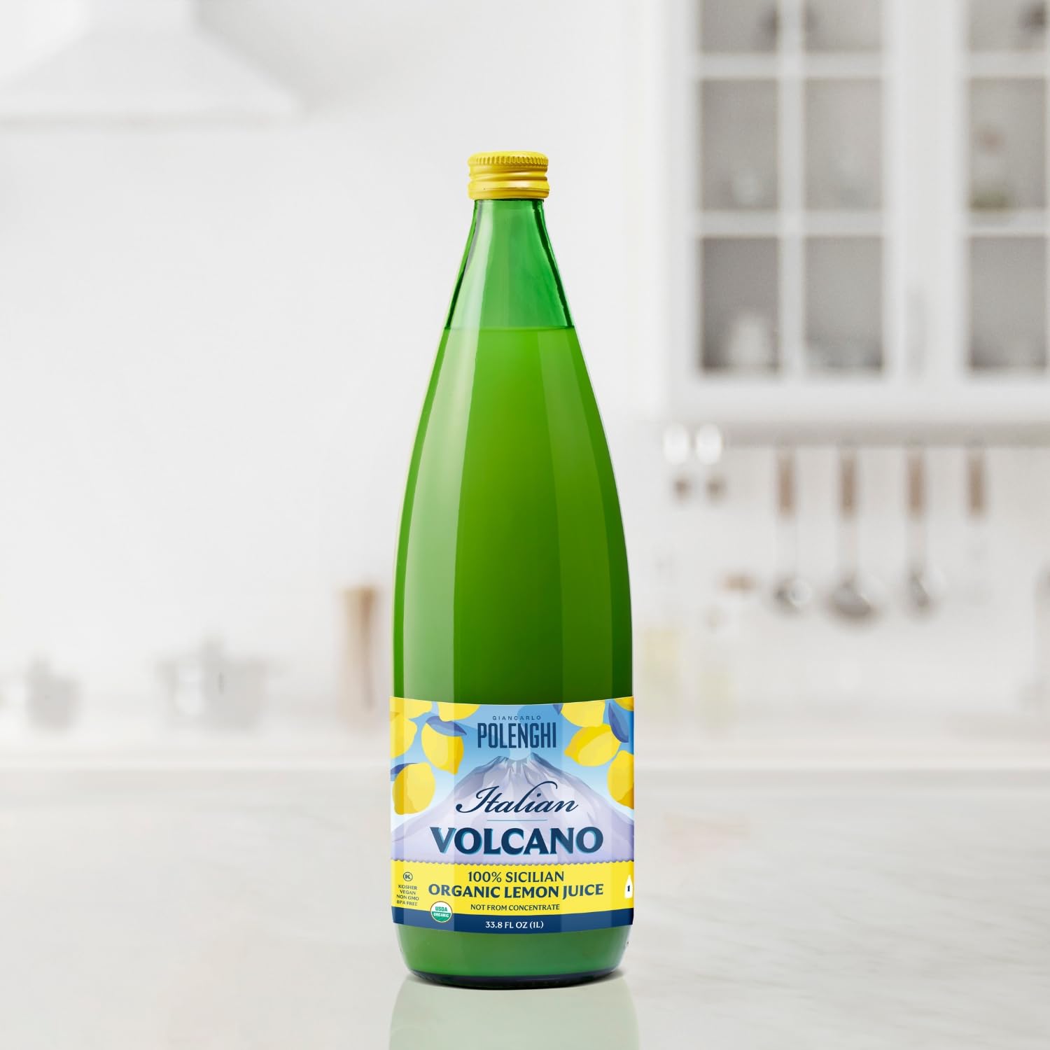 Italian Volcano Lemon Juice label close-up shows organic, preservative-free ingredients.