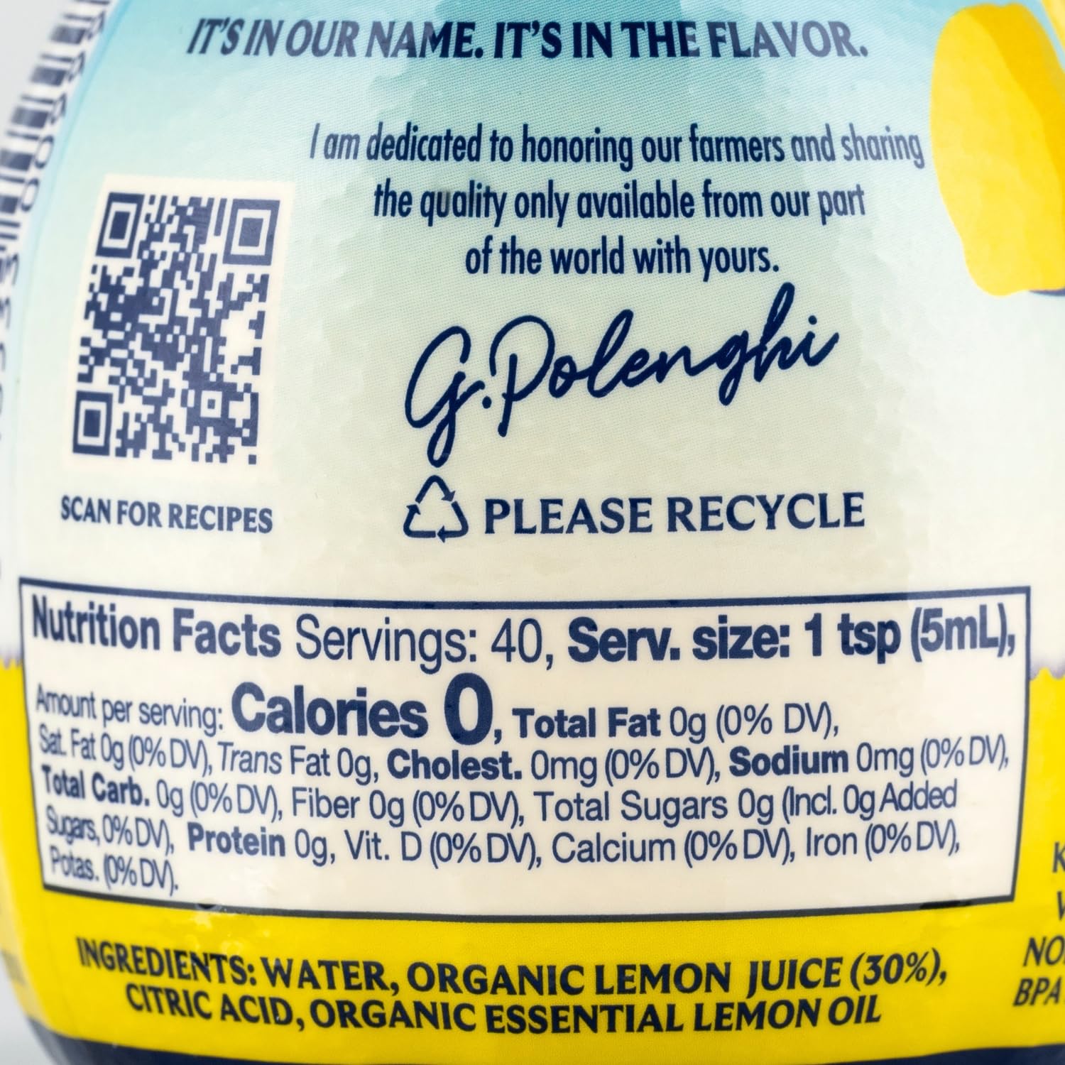 Italian Volcano Organic Lemon Juice glass bottle label highlights origin