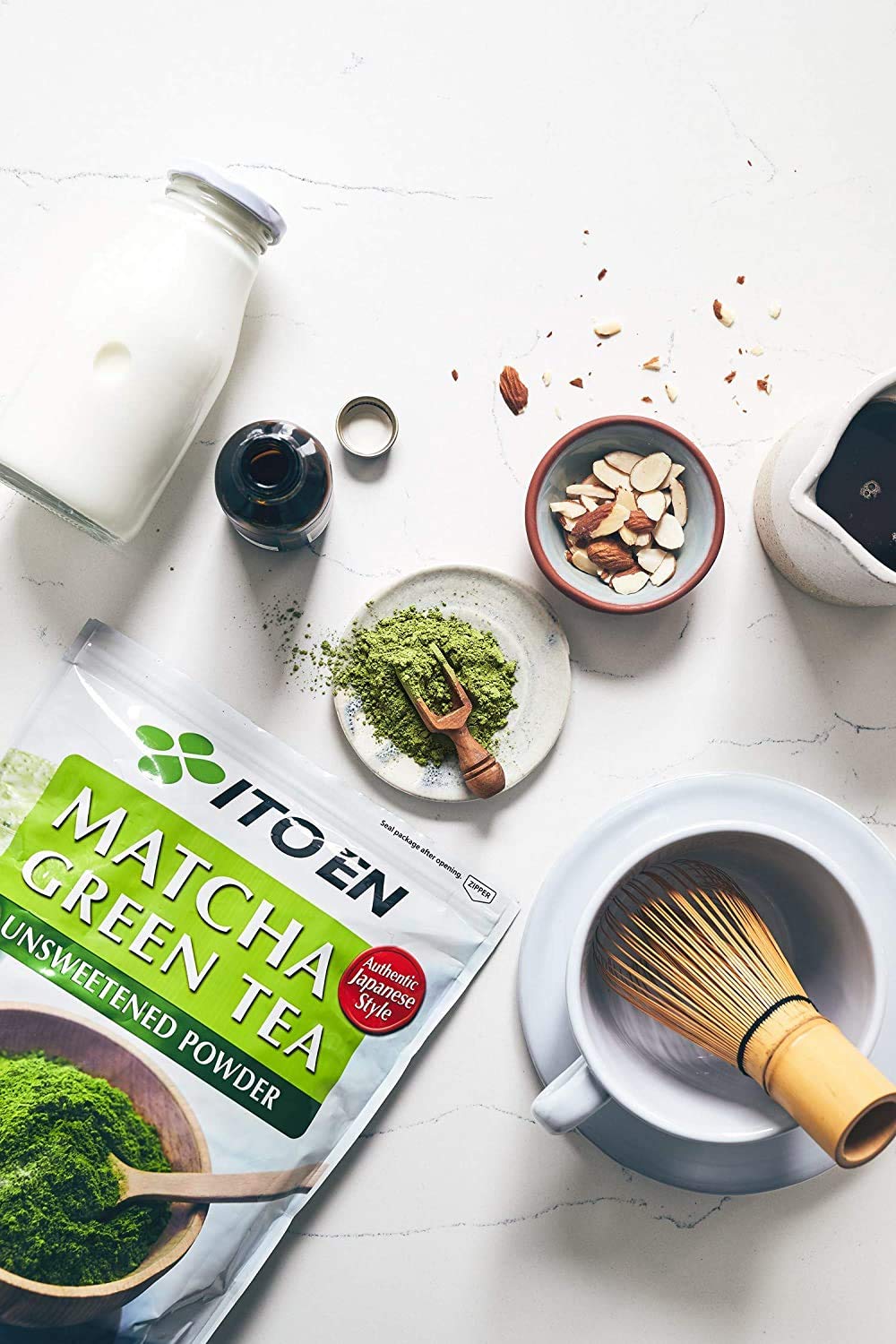 Ito En matcha iced tea in a glass, refreshing cold beverage.