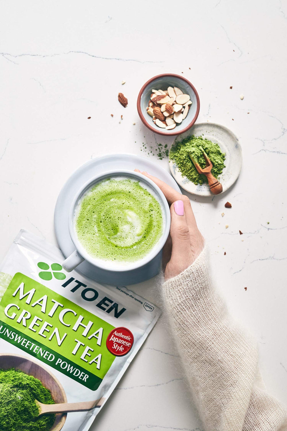 Ito En vibrant green matcha powder color in bowl for whisking.