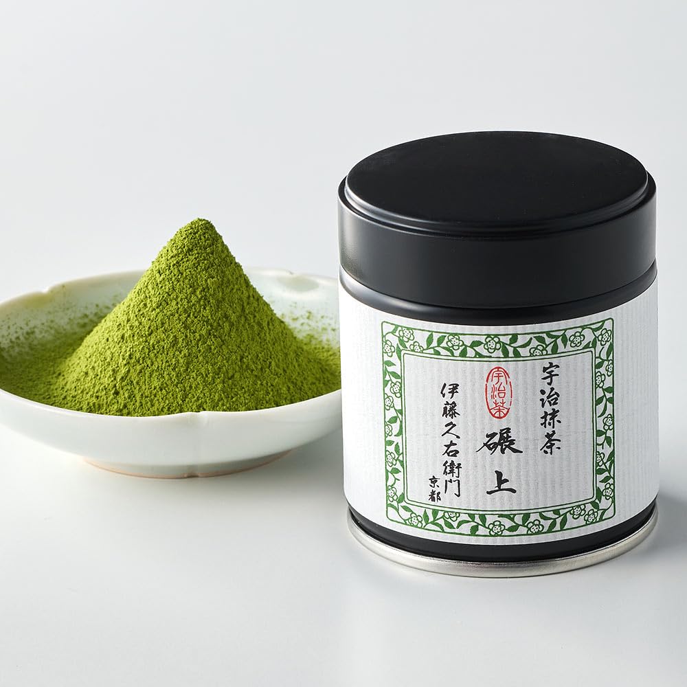 Itohkyuemon Kyoto Uji ceremonial-grade matcha powder in a tin, highlighting premium quality and freshness.