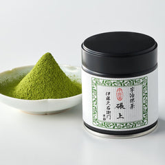 Itohkyuemon Kyoto Uji ceremonial-grade matcha powder in a tin, highlighting premium quality and freshness.