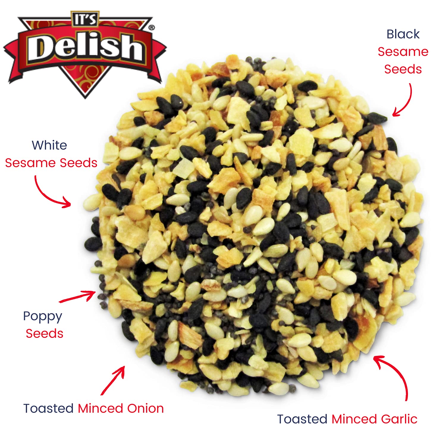 Close-up of sesame seeds and garlic in It's Delish seasoning for premium crunch