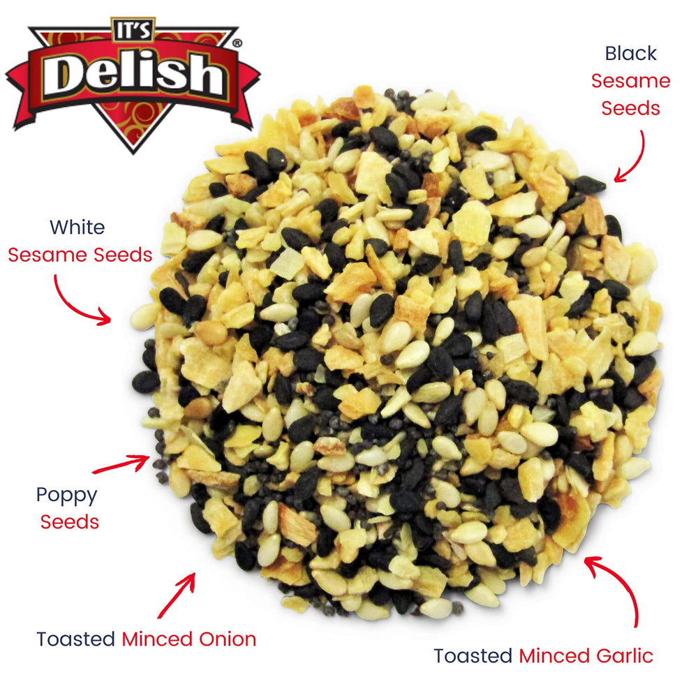 Close-up of sesame seeds and garlic in It's Delish seasoning for premium crunch