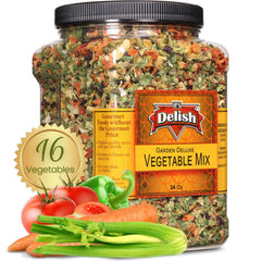 It's Delish Garden Deluxe soup mix container shows 16 vegetables for bulk meals