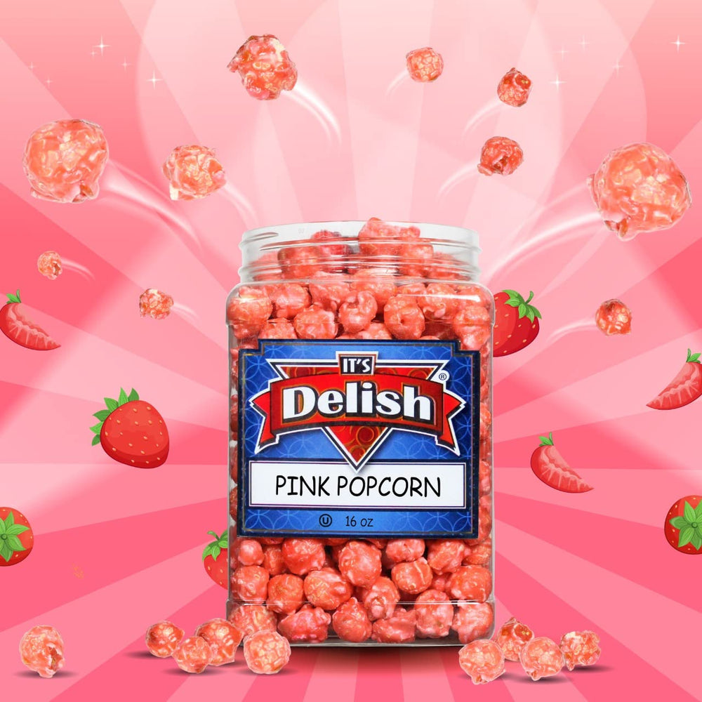 It's Delish pink popcorn closeup shows crunchy texture and fruity flavor.
