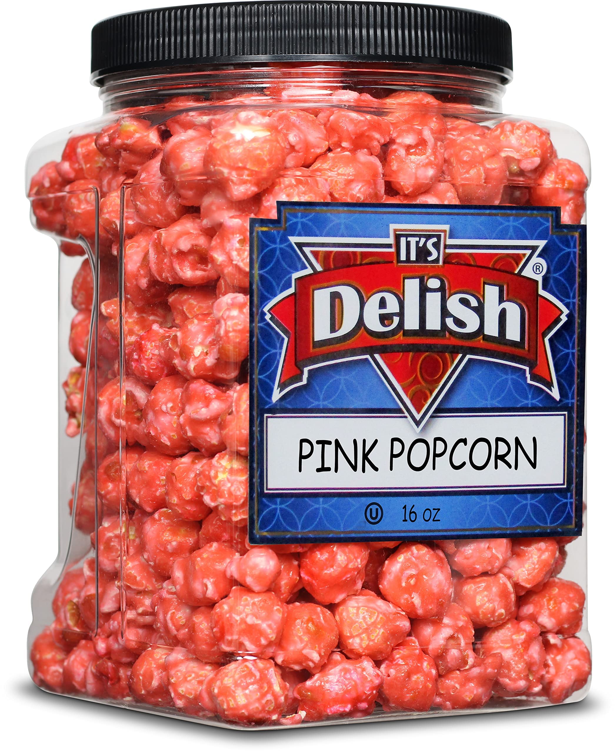 It's Delish Pink Strawberry Popcorn in a 16oz container, great for parties and gifting.