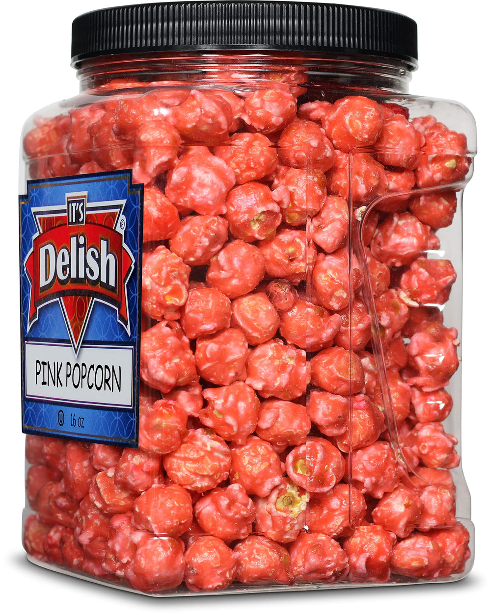 It's Delish Pink Strawberry Popcorn jar display highlights resealability and freshness.