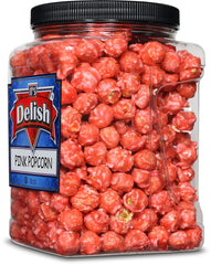 It's Delish Pink Strawberry Popcorn jar display highlights resealability and freshness.