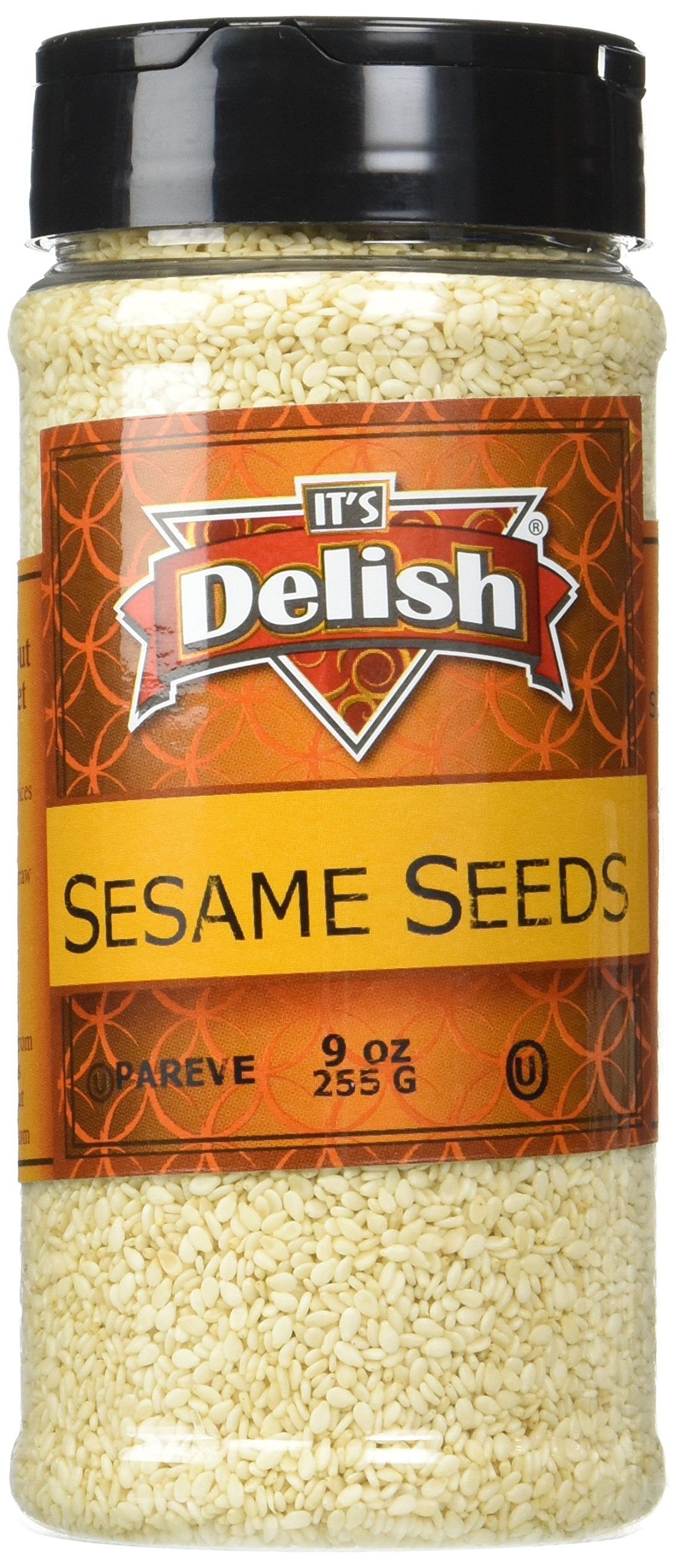 Its Delish white hulled sesame seeds front view in a 9 oz jar, ideal for salads.