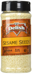 Its Delish white hulled sesame seeds front view in a 9 oz jar, ideal for salads.