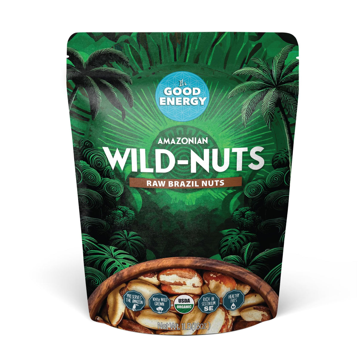 It's Good Energy Brazil Wild Nuts pack-front—sustainably wild-harvested snack.