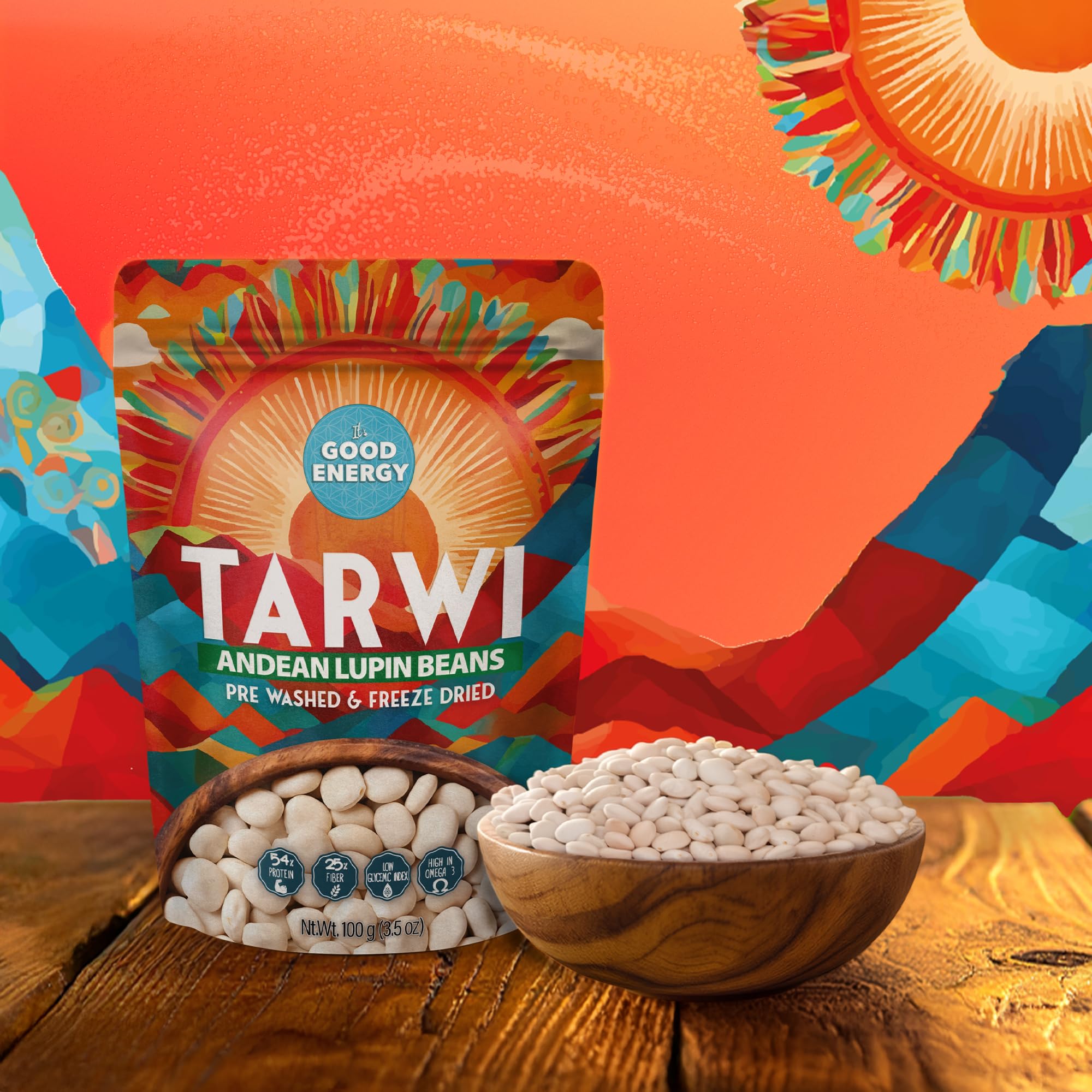 Its Good Energy Tarwi Snack single-ingredient view, natural ingredients highlight.