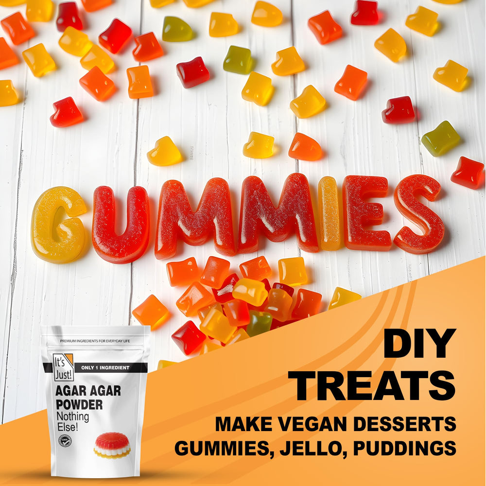 Its Just! Agar Agar Powder used to create glossy vegan jelly with fruit flavors.