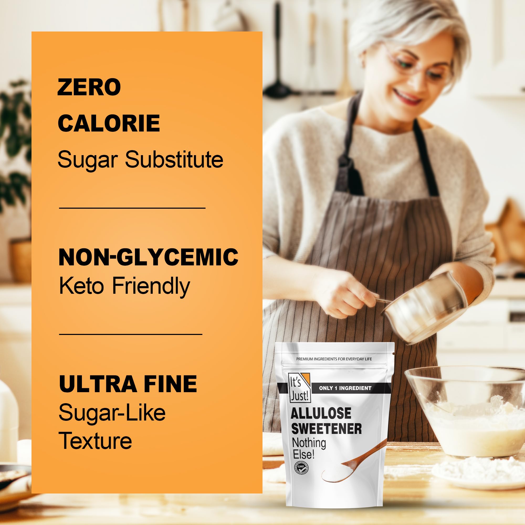 It's Just! Allulose granules dissolve quickly for smooth mixing.