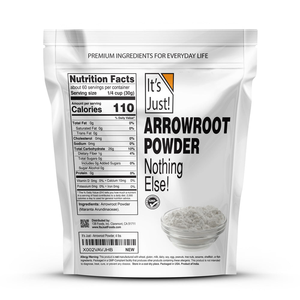 It's Just Arrowroot Powder packaging jar on shelf, ideal pantry staple.