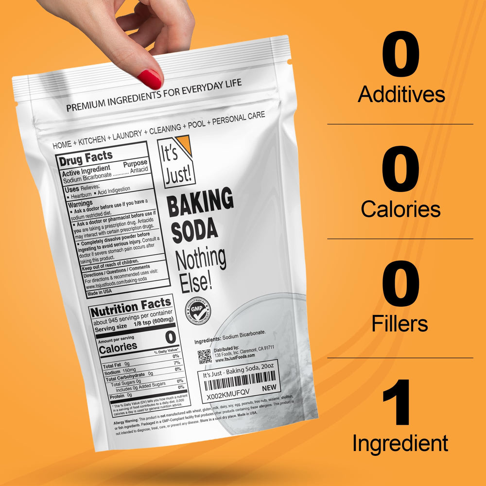 It's Just! baking soda arranged for home cleaning and deodorizing tasks.