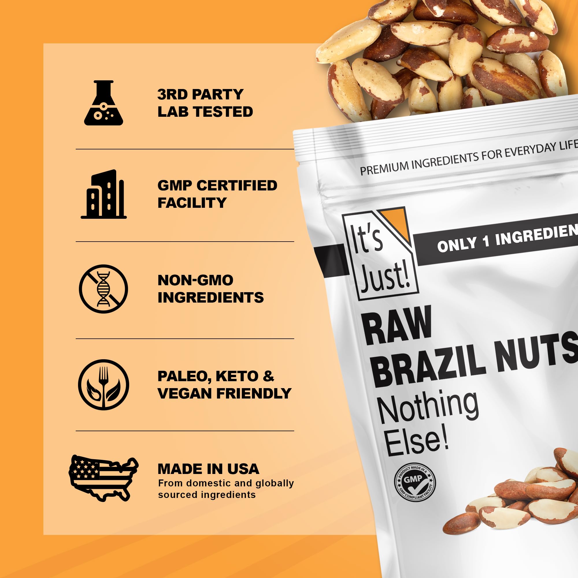 It's Just! Brazil nuts displayed on pantry shelf for convenient access.