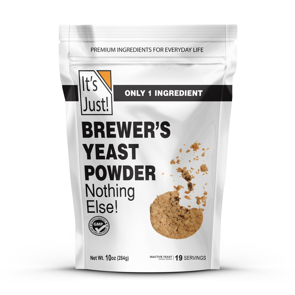 It's Just! Brewers Yeast Powder bottle on kitchen shelf for lactation-support baking.