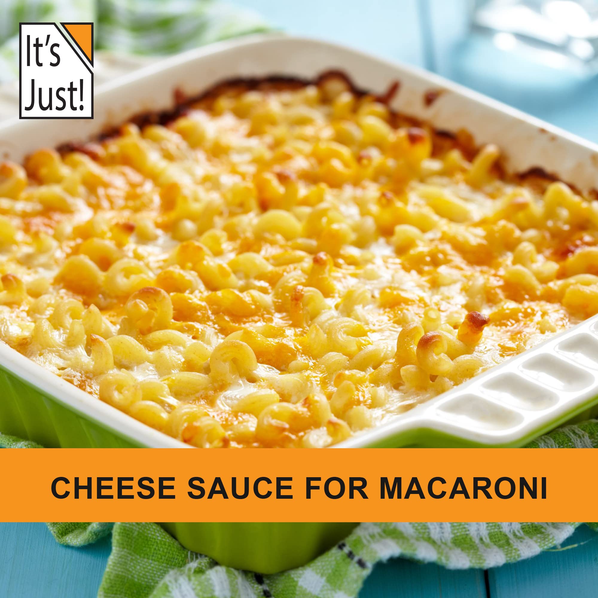 It's Just! cheddar cheese powder label highlights USA-made, non-GMO quality.