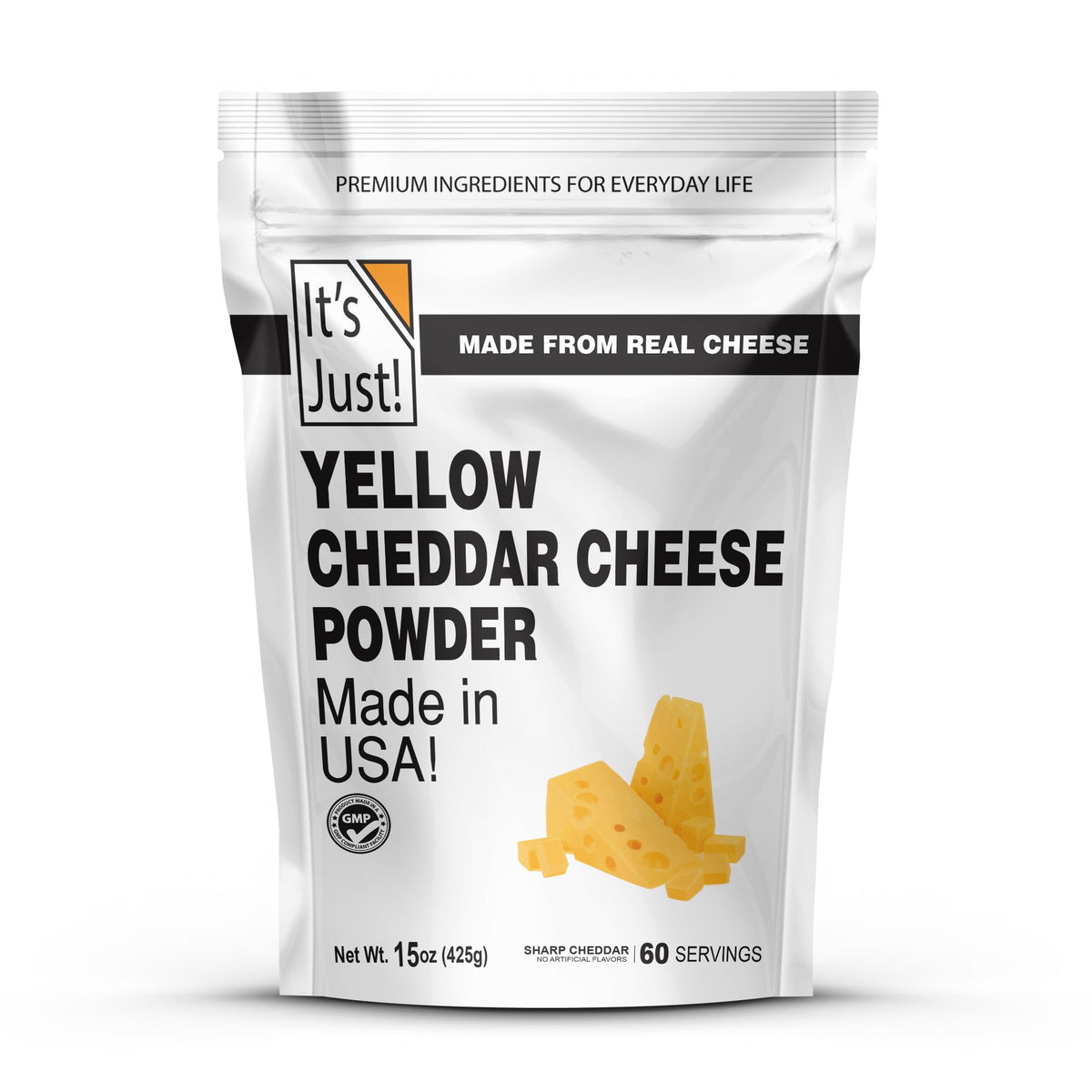 It's Just! cheddar cheese powder jar front showcases premium packaging for easy sauce prep.