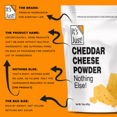 It's Just! cheddar cheese powder mixed into mac and cheese creates creamy comfort.