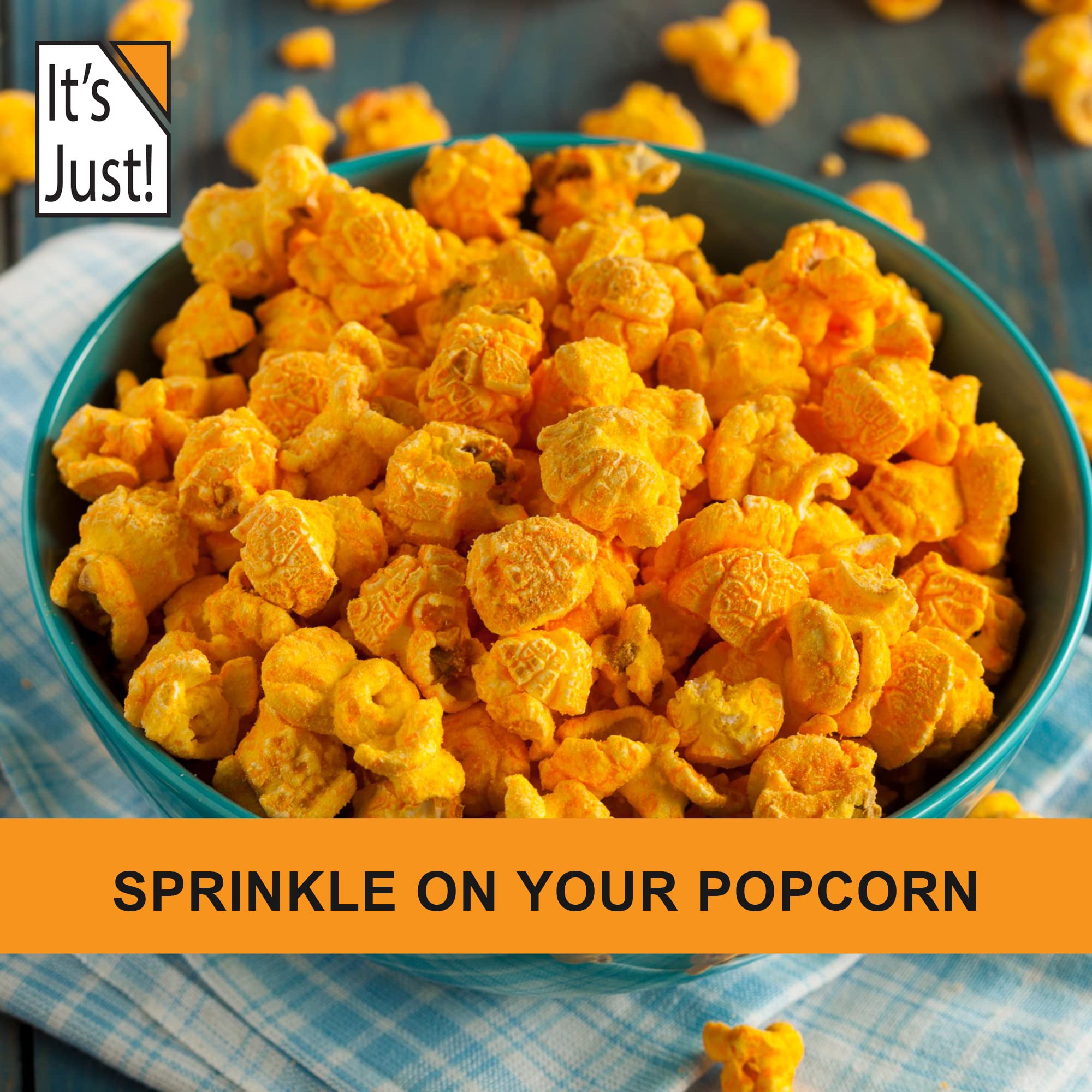 It's Just! cheddar cheese powder sprinkled on nachos adds cheesy zest.