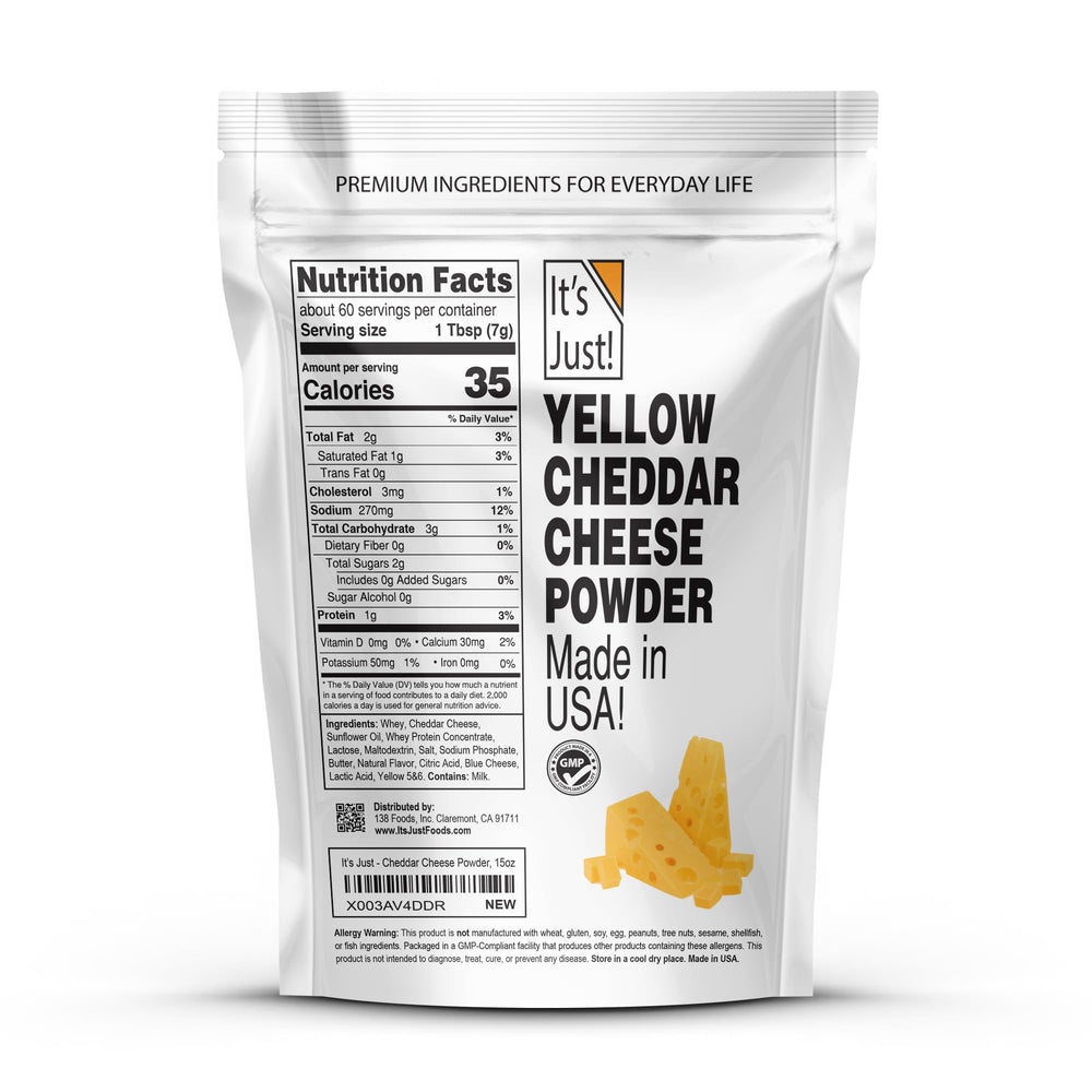 It's Just! cheddar cheese powder sprinkles onto popcorn for a savory crunch.