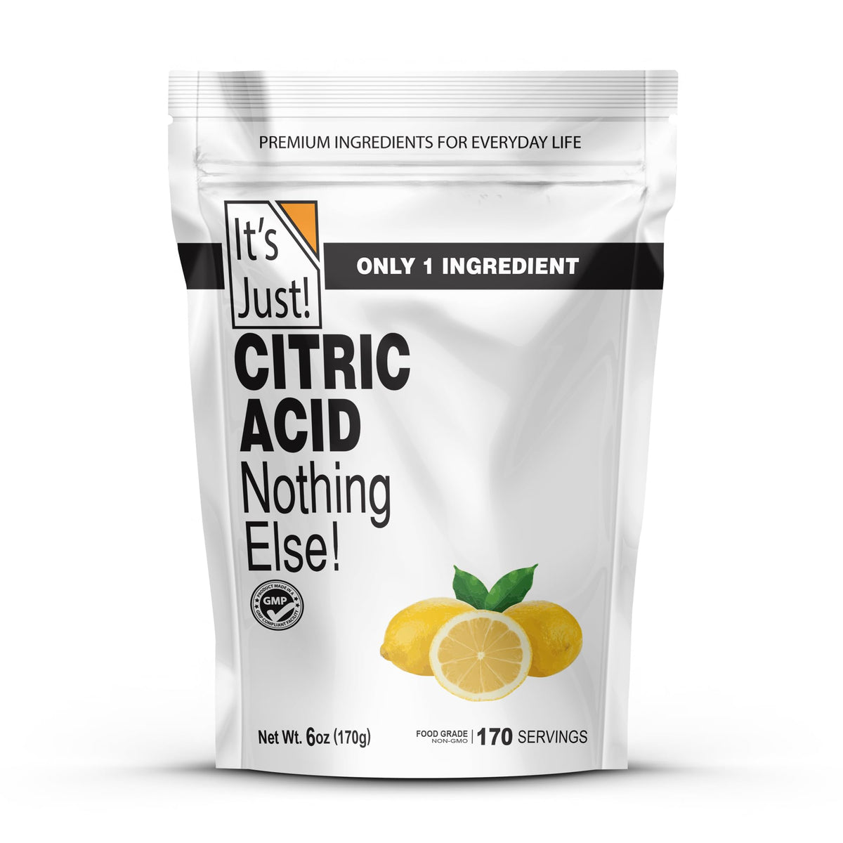 It's Just! citric acid powder packaging shows resealable pouch for long shelf life.
