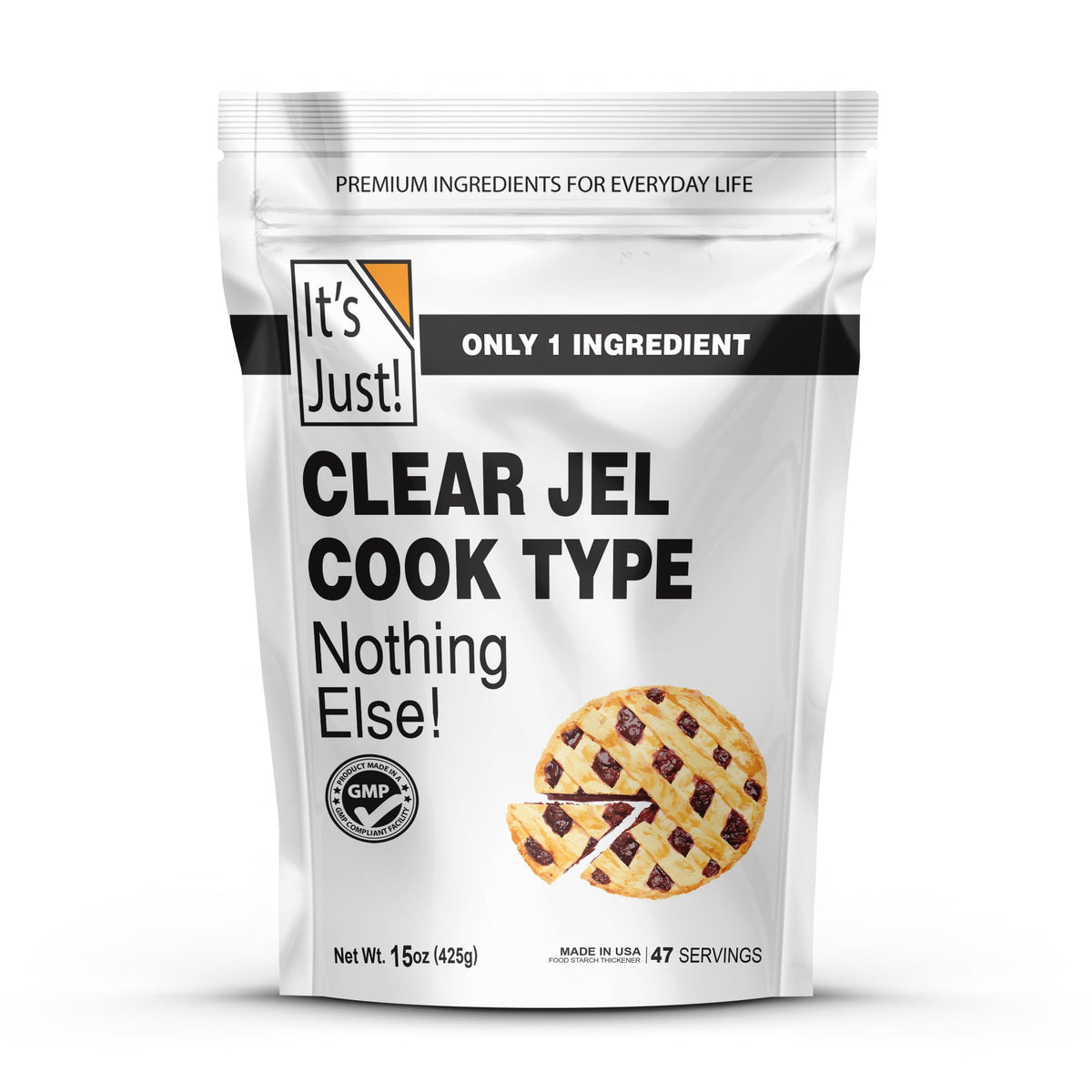 It's Just! Clear Jel Cook Type jar, pure thickener for pie fillings and gravies.