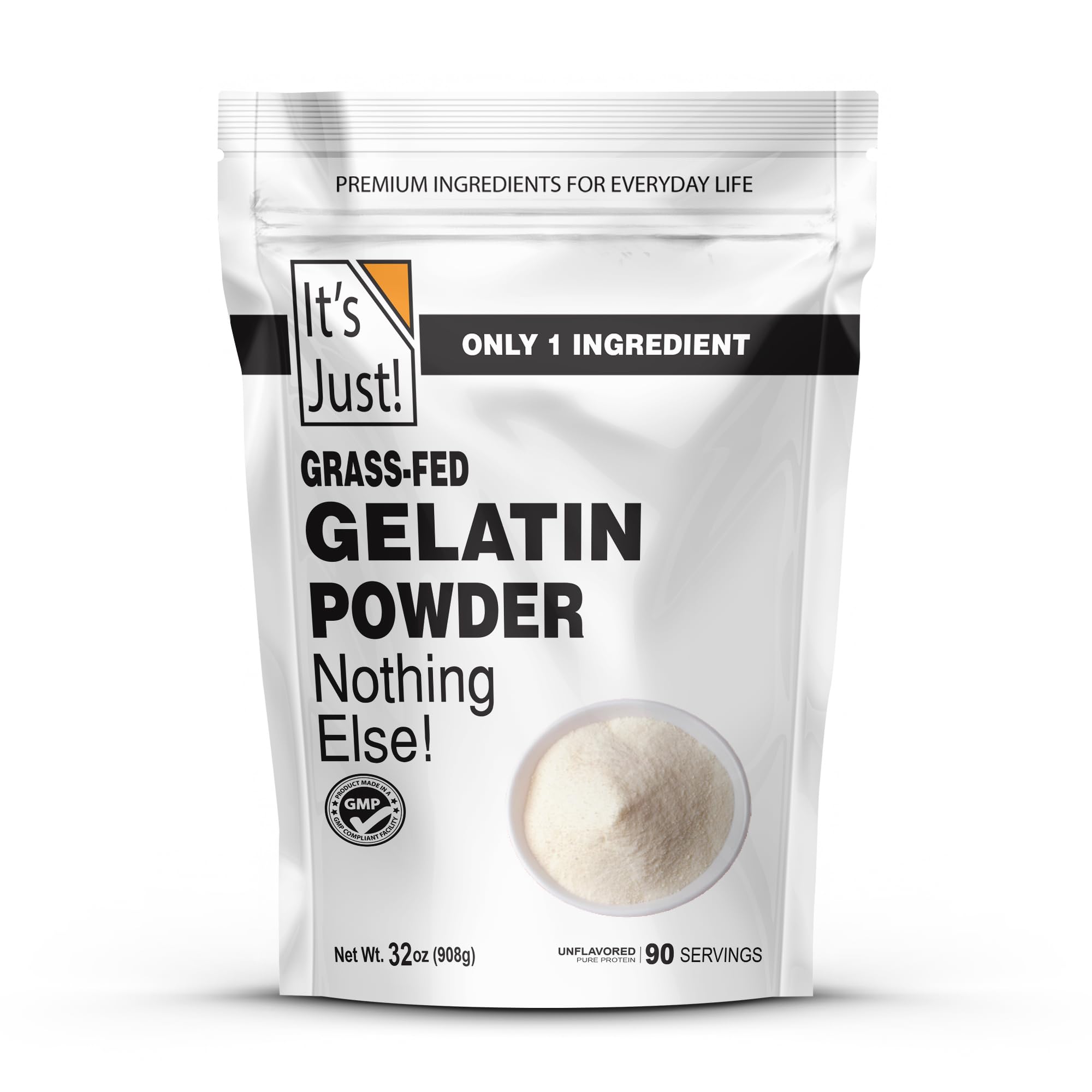 It's Just gelatin powder bottle pour shows clean, unflavored base for gummies and desserts.