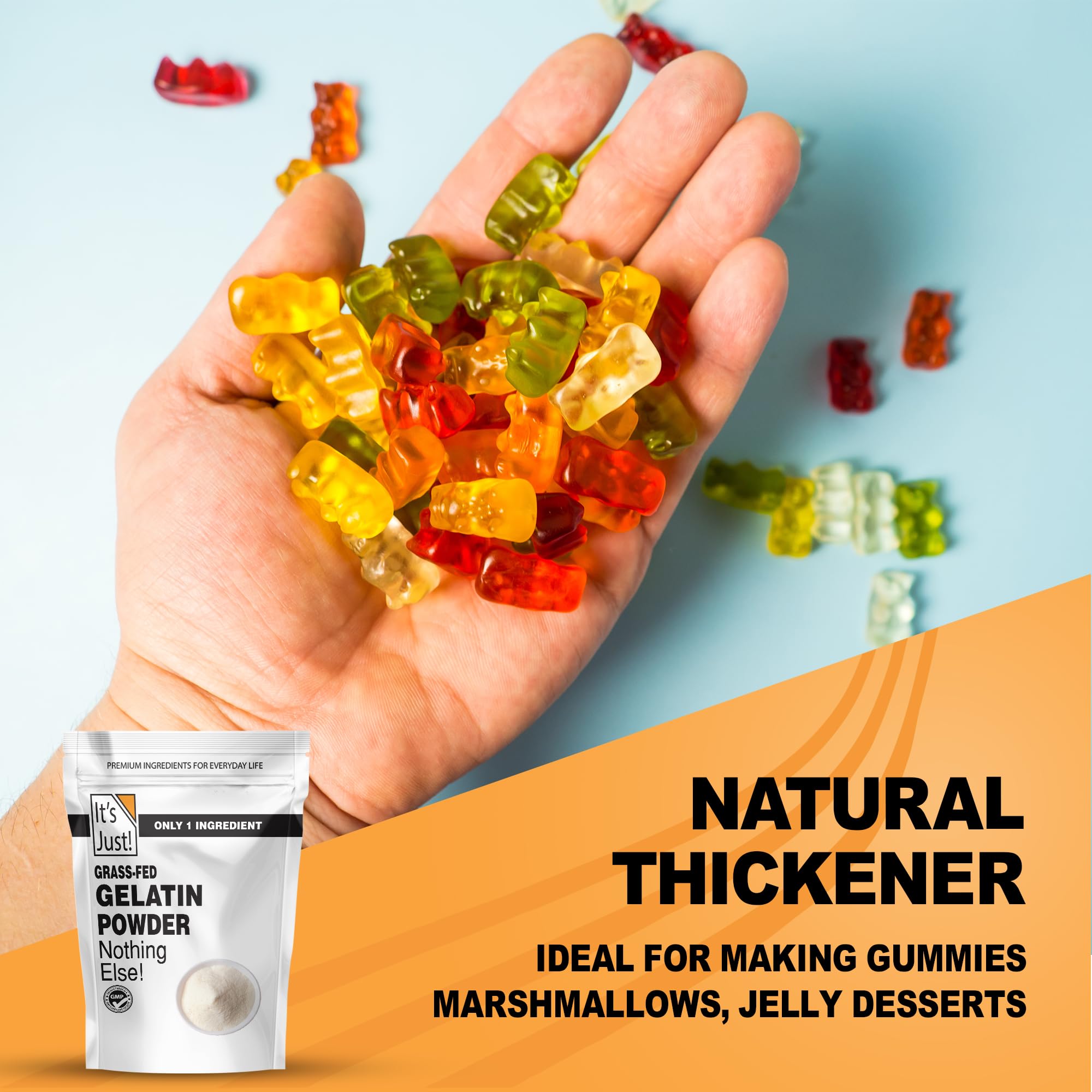 It's Just gelatin powder gummies image highlights easy set and chewy results.