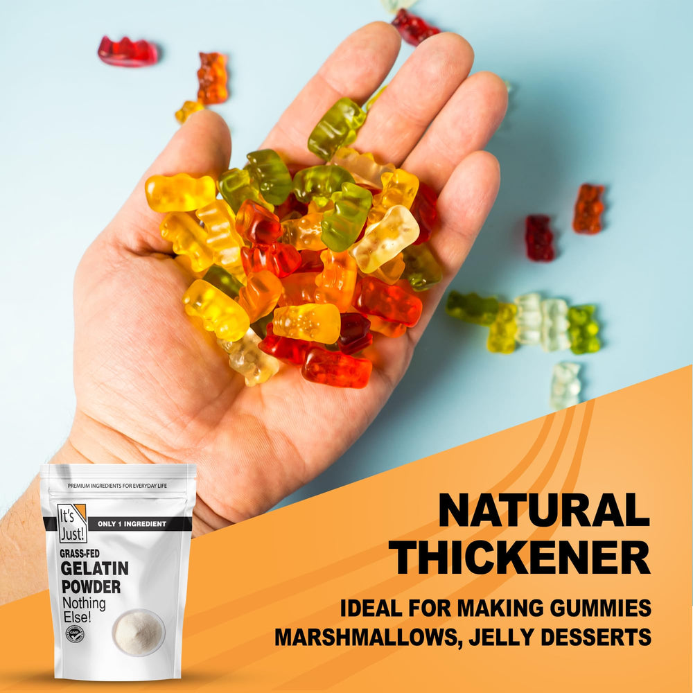 It's Just gelatin powder gummies image highlights easy set and chewy results.
