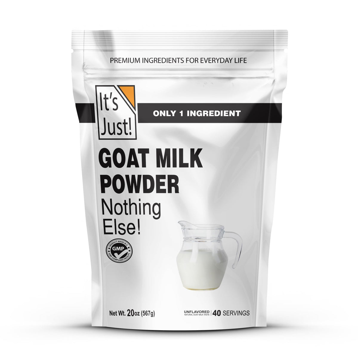 It's Just! goat milk powder bag with 1.25 lb pouch for daily use