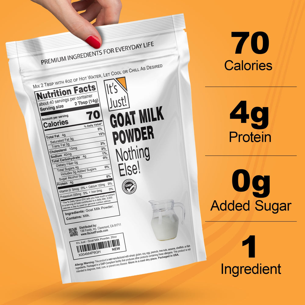 It's Just! goat milk powder poured into coffee for a smooth start