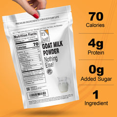 It's Just! goat milk powder poured into coffee for a smooth start